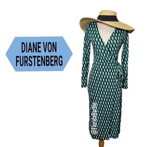 Diane von Furstenberg Women Long Sleeve Dresses Green Blue Abstract Wrap Dress